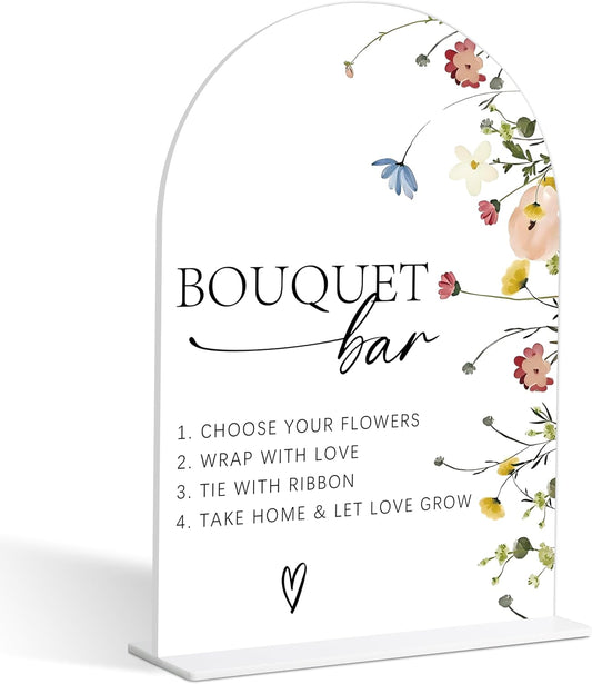 Bouquet Bar Sign, Flower Style Bridal Shower Sign for Wedding, Engagement, Bridal Shower and Reception, Bridal Shower Decorations, Wedding Shower Favors, 6X8 Inch Acrylic Arch Sign with Stand,29