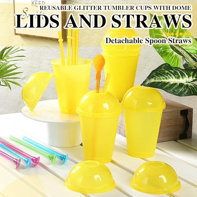 6 Set Slushie Cups with Dome Lids and Straws Detachable Spoon Straws Reusable Plastic Iced Coffee Cups Smoothie Tumbler for Birthdays Summer Party Supplies(Yellow,16 oz)