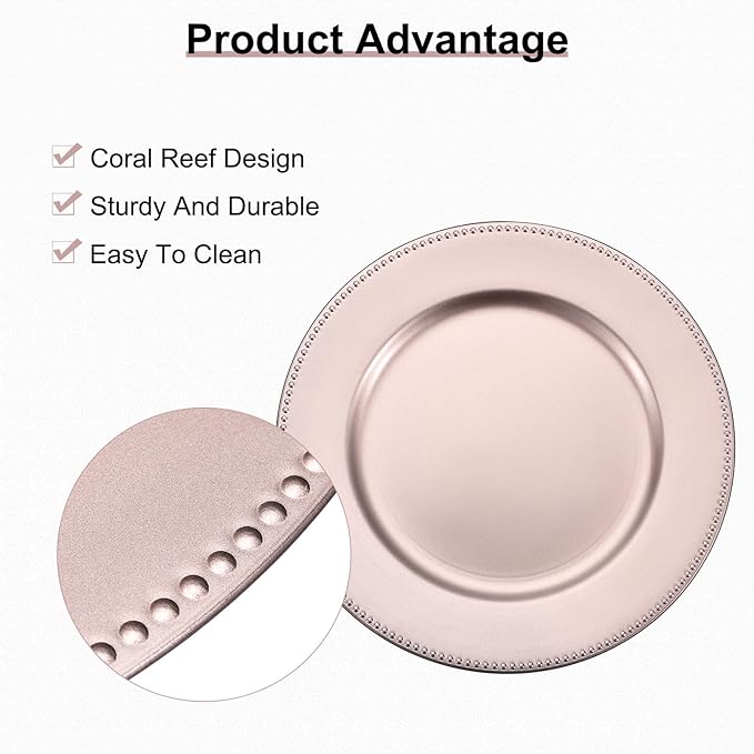 uxcell 10pcs Charger Plates Bulk 13 Inch Plastic Charger Plates Round Plate Chargers for Dinner Wedding Party Event Table Setting Decoration Rose Gold (Pack of 2)