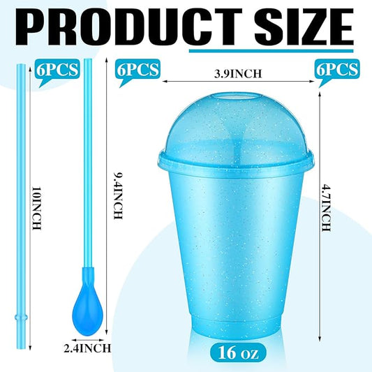 6 Set Slushie Cups with Dome Lids and Straws Detachable Spoon Straws Reusable Plastic Iced Coffee Cups Smoothie Tumbler for Birthdays Summer Party Supplies(Pastel Blue,16 oz)