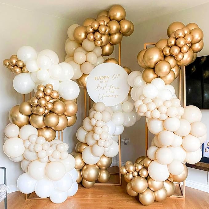 White and Gold Balloon Arch Garland Kit 153pcs with Star, 22 18 12 10 5in Different Size White Metallic Gold Confetti Latex Balloons for Birthday Anniversary Wedding Baby Shower Decoration