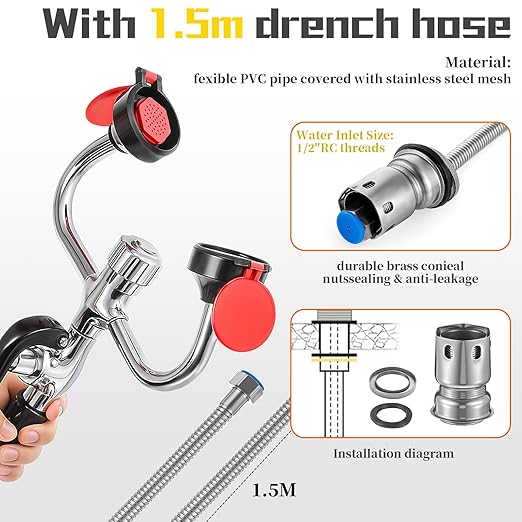 Handheld Eyewash Station Emergency Portable Eye Face Wash Kit Spray Head with 140mm Drench Hose for Labs Industrial Safety First Aid