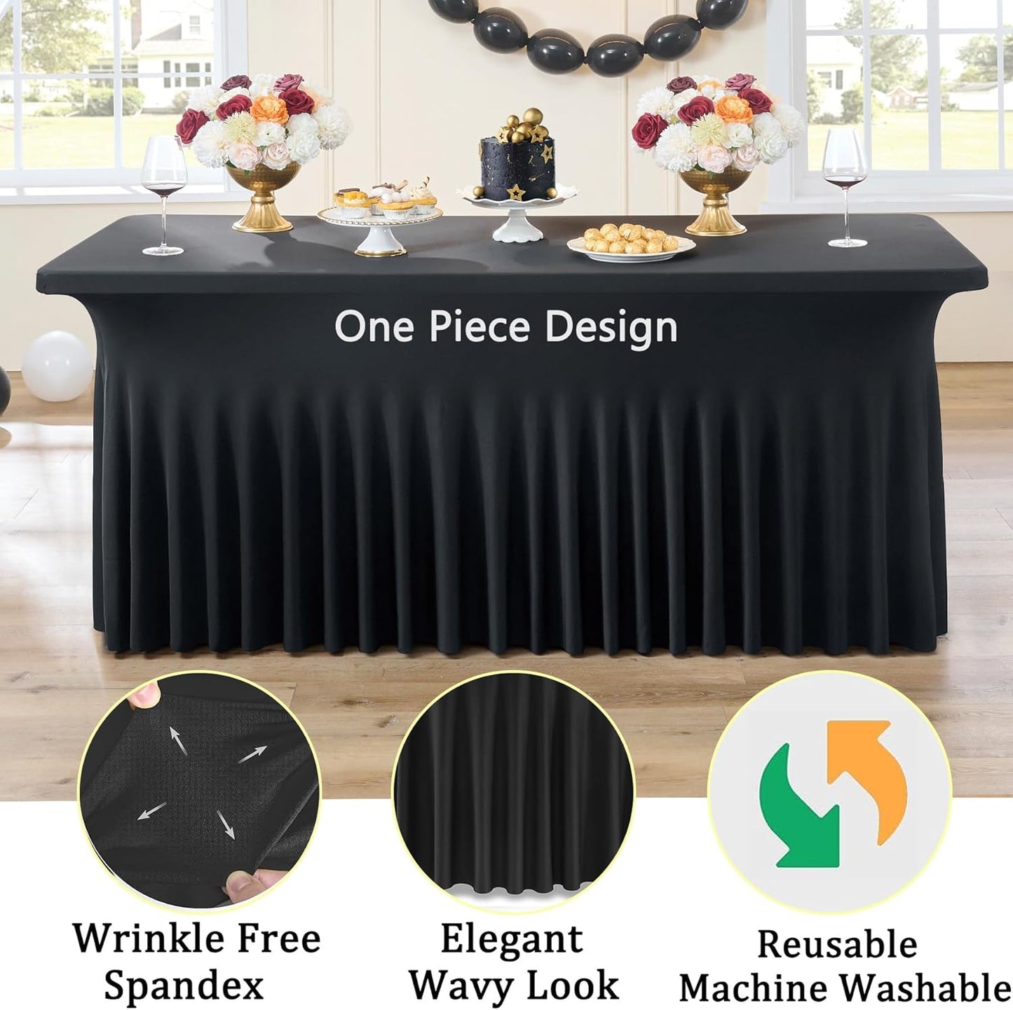 10pk Black Spandex Tablecloths 6ft for Rectangle Tables, Wrinkle Free Classy Table Skirt Stretchy Fitted Table Cloths Covers 6 Foot for Weddings Birthday Party Events Banquette Baby Shower