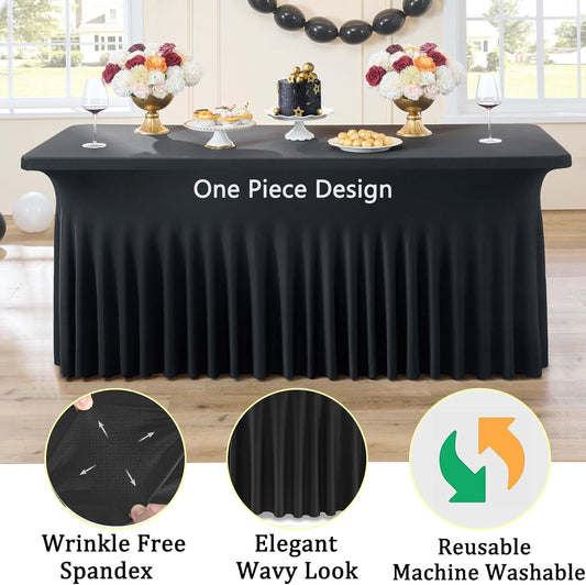 8pack Black Spandex Tablecloths for 6ft Rectangle Tables, Wrinkle Free Classy Table Skirt Stretchy 6 Foot Fitted Table Cloths Covers for Weddings Birthday Halloween Party Events Banquet