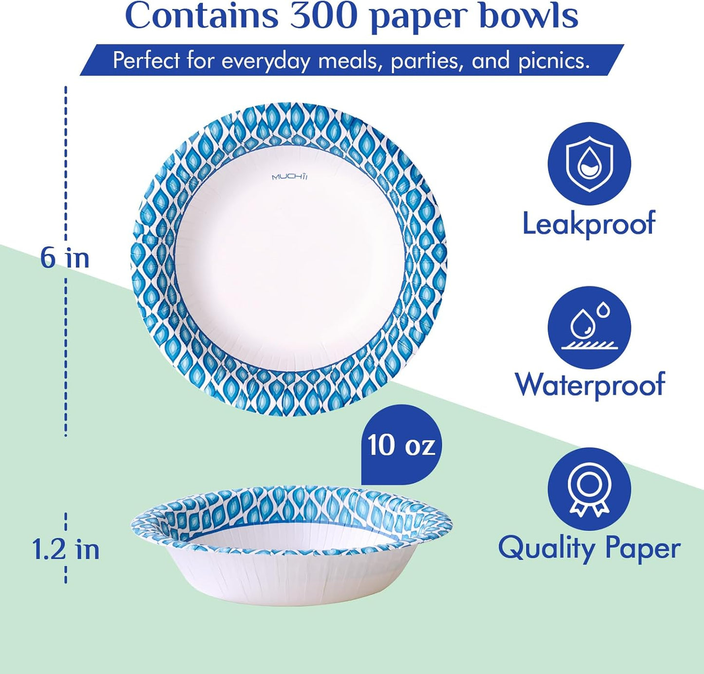 MUCHII 300 Count Paper Bowls 10 Oz Disposable Bowls, Printed Soak Proof Small Bowls for Snacks, Dessert, And Light Lunch Meals