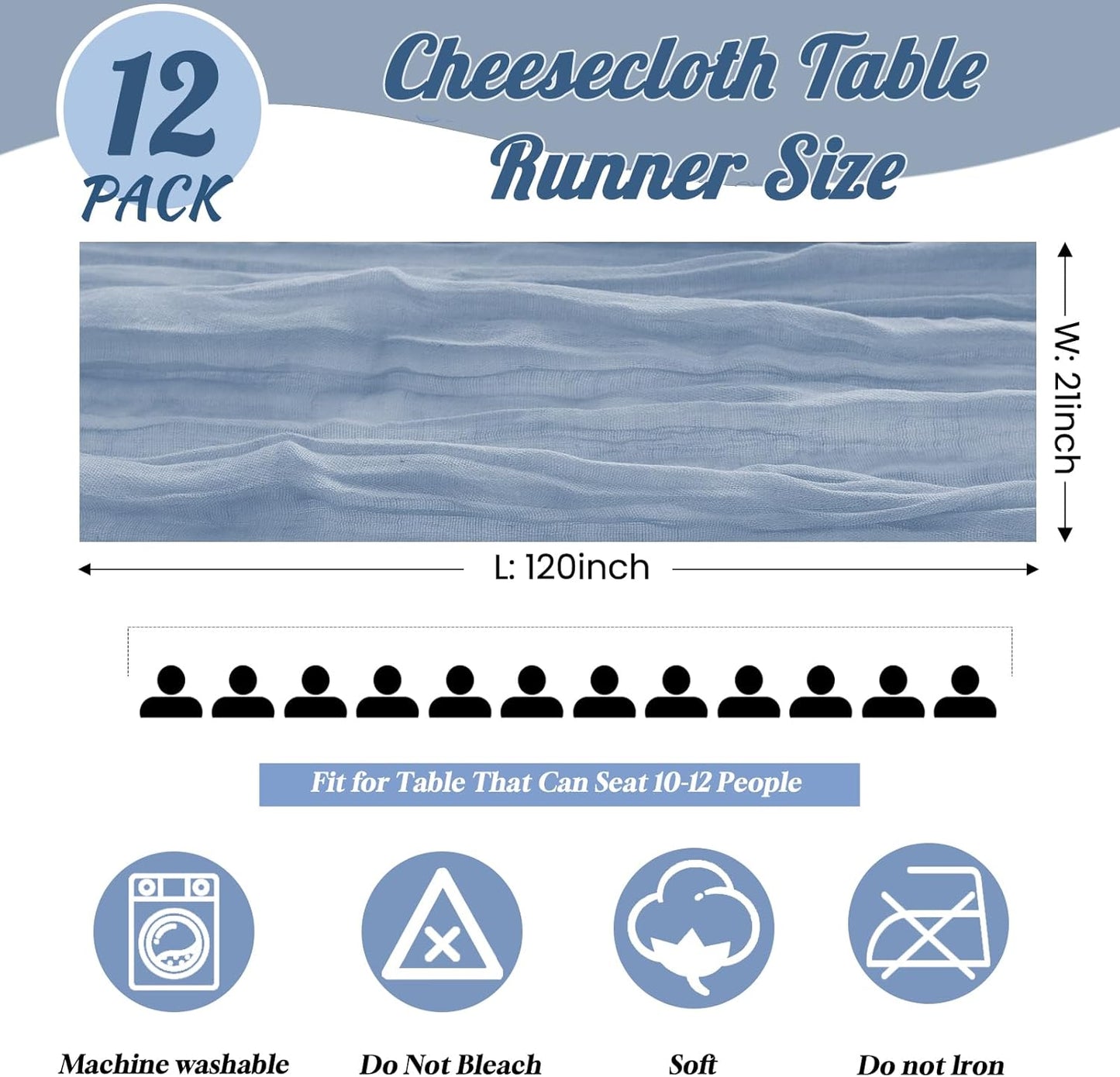 12 Pack Dusty Blue Table Runner 10FT Cheesecloth Table Runner 21 x 120 inch Boho Gauze Cheese Cloth Table Runner Rustic Sheer Table Runner for Party Wedding Bridal Baby Shower Birthday Table Decor