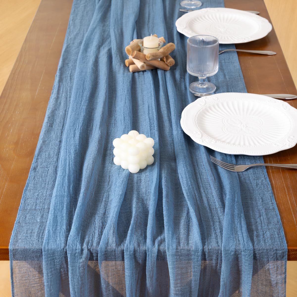 Socomi Dusty Blue Fall Thanksgiving Gauze Cheesecloth Table Runner 120 Inch Rustic Boho Cheese Cloth Runner for Wedding Party Baby Bridal Shower Centerpiece Decoration Holiday Home Decorations