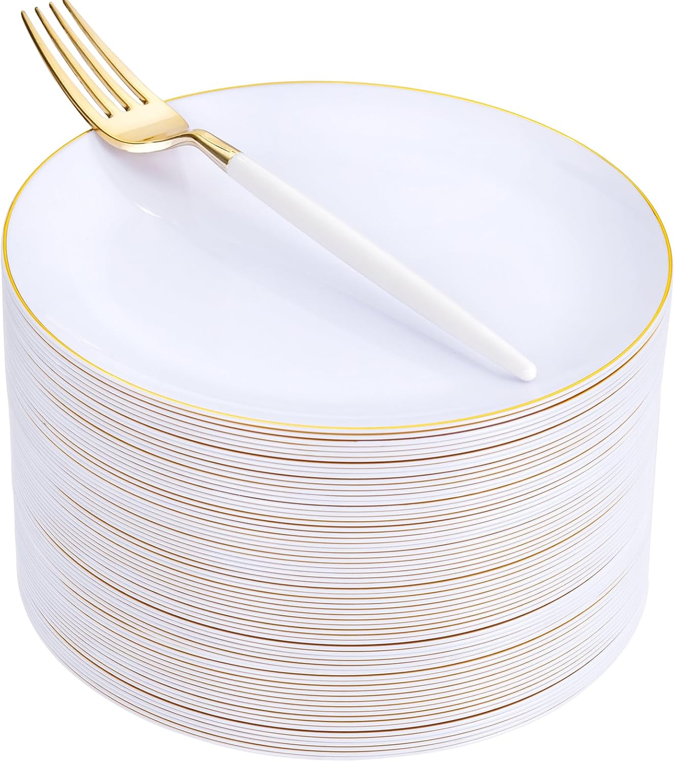 LIYH 96 Pcs White Gold Plastic Plates with Dessert Forks, 48 Plates and 48 Forks, Gold Cake Appetizer Plastic Disposable Plates for Tea Parties, Birthdays & Wedding 48 Guests