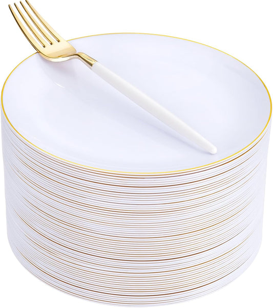 LIYH 96 Pcs White Gold Plastic Plates with Dessert Forks, 48 Plates and 48 Forks, Gold Cake Appetizer Plastic Disposable Plates for Tea Parties, Birthdays & Wedding 48 Guests