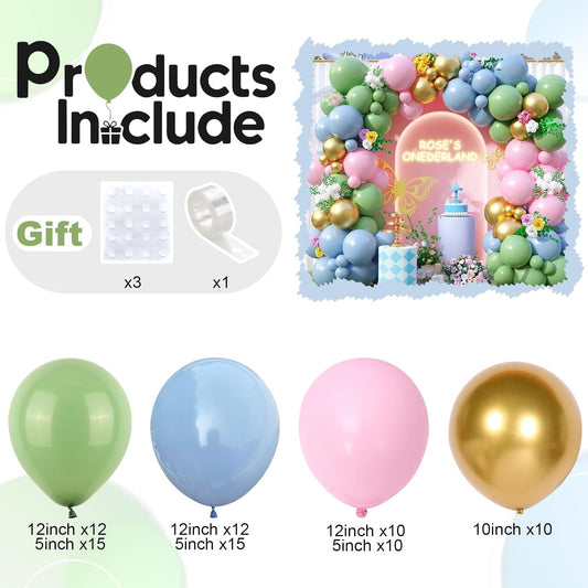 Pink and Green Balloon Arch Garland Kit, Sage Green and Pastel Pink Blue Metallic Gold Balloons, Woodland Balloons for Girls Baby Shower Floral Wonderland Spring Garden Tea Birthday Party Decorations