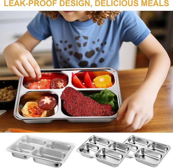 Honeydak 6 Pack Stainless Steel Snack Containers with Lids Compartments Stainless Steel Lunch Box Reusable Meal Prep Lunch Containers for Home Travel Work Camp Party(Middle 4 Compartment)