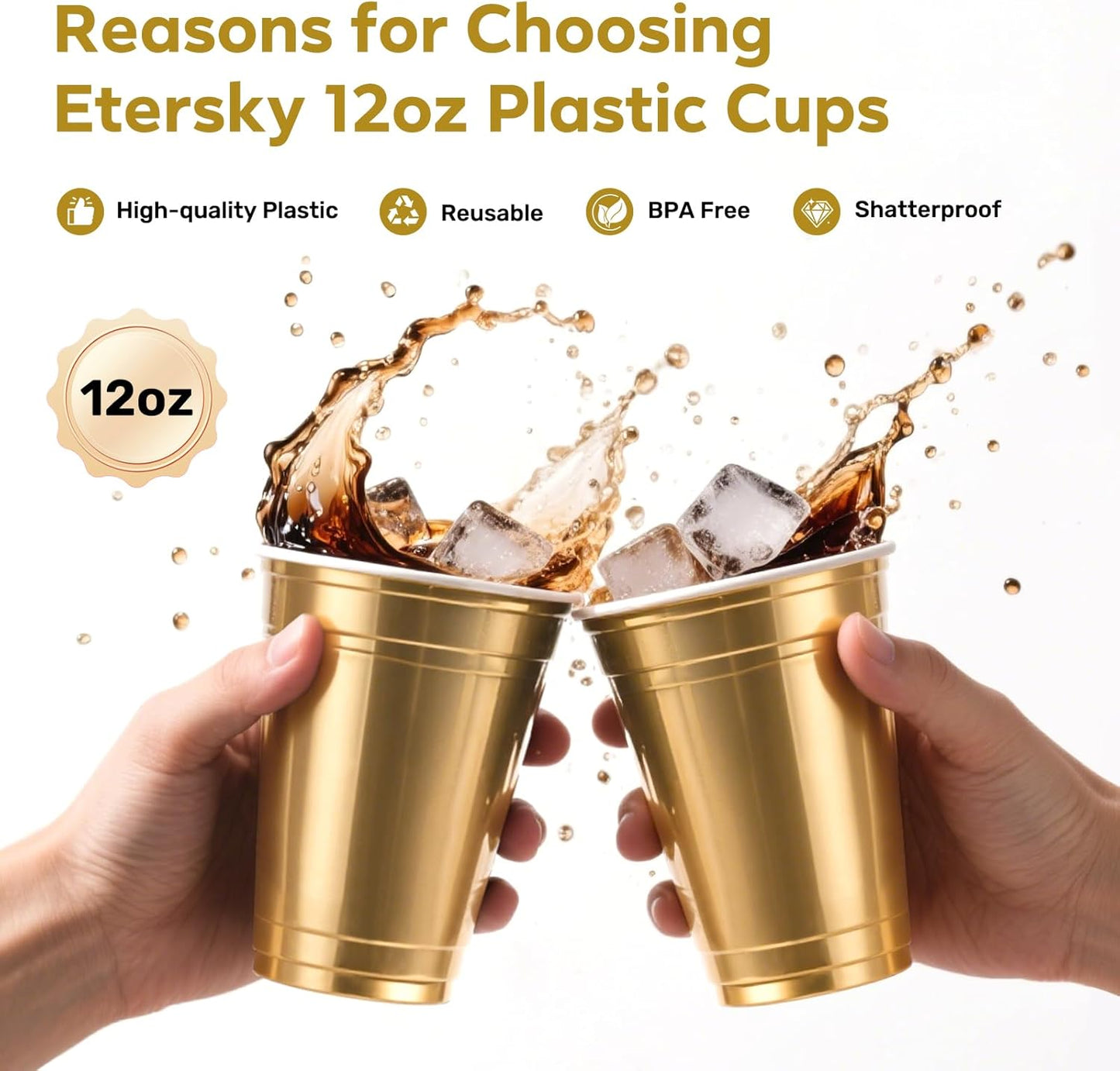 100PCS Gold Plastic Cups, 12oz Disposable Party Cups Bulk Pack, BPA Free Drinking Cups for Soda Juice Beer Cold Drinks Suitable for Wedding Halloween Thanksgiving Christmas Birthday Celebrations