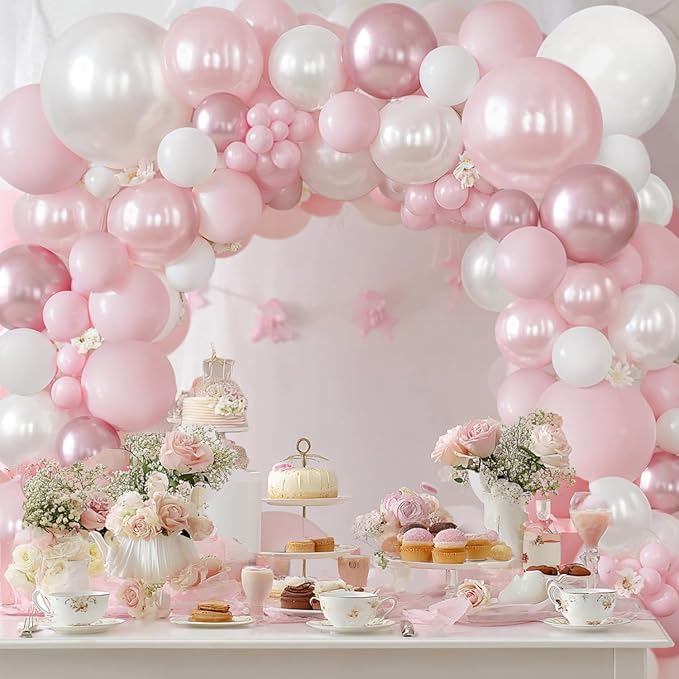 Pink and White Balloons Arch Kit, Double Stuffed Pastel Pink Balloon Garland Include Light Pearl Pink White and Metallic Pink Balloons for Coquette Wedding Birthday Party Bridal Shower Decorations