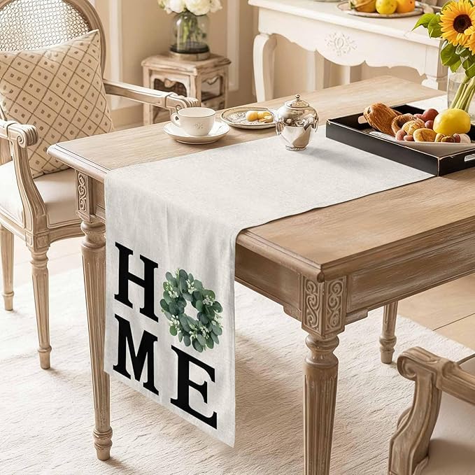 Home Green Eucalyptus Leaves Garland Table Runner 70 Inches Long Cotton Linen Dresser Scarves for Kitchen Daily Use Family Dinners Party Gathering Home Decor Retro Linen Table Runners