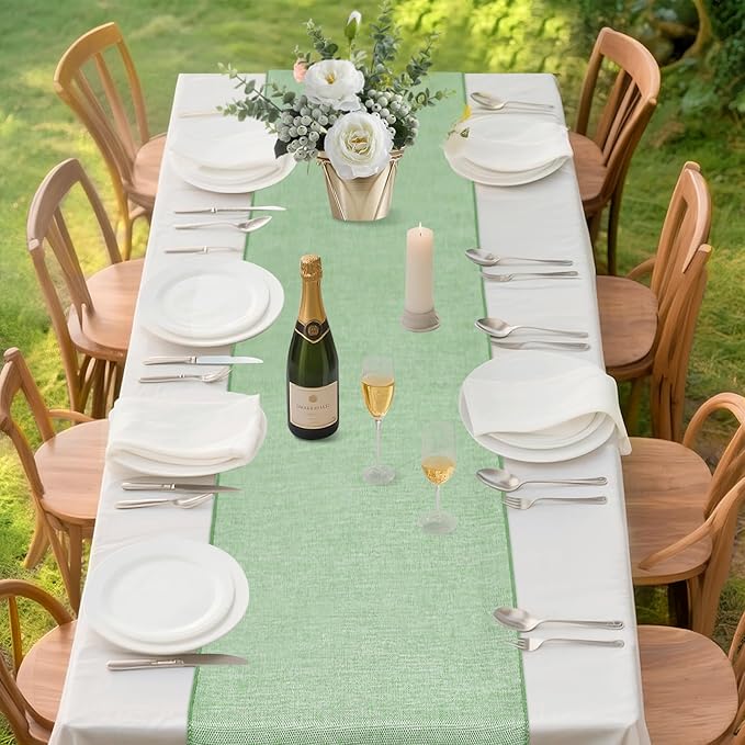 Light Green Burlap Table Runner 4 Packs Rustic Farmhouse Fabric 13x108inch Rolls Party Garden Birthday Holiday Home Kitchen Decor