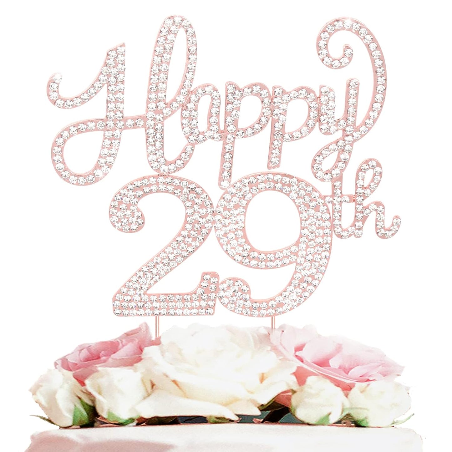 LASKYER Happy 29th Birthday Rose Gold Rhinestone Cake Topper - 29th Birthday/Anniversary,Cheers to 29 Years Old Bday Party Metal Sparkly Centerpieces Decorations.