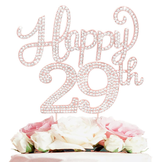 LASKYER Happy 29th Birthday Rose Gold Rhinestone Cake Topper - 29th Birthday/Anniversary,Cheers to 29 Years Old Bday Party Metal Sparkly Centerpieces Decorations.