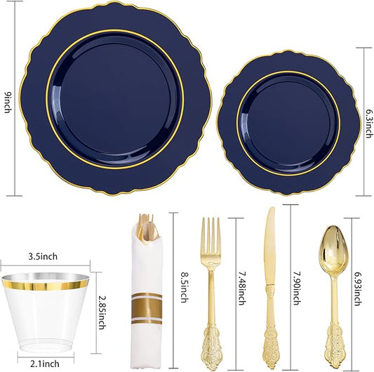 Liacere 175PCS Navy Blue Plastic Plates-Disposable Blue Gold - 25guest Baroque Plastic Dinnerware include 50Plates,25Pack Pre Rolled Napkins with Silverware 25Cups for Wedding&Party&Father's Day