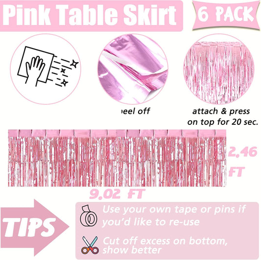 6 Pack 29x108 Inch Pink Metallic Foil Fringe Table Skirts Banner for Tinsel Streamer Garland Curtains Backdrop for Parade Floats Wedding Baby Shower Birthday Christmas Halloween Party Decoration