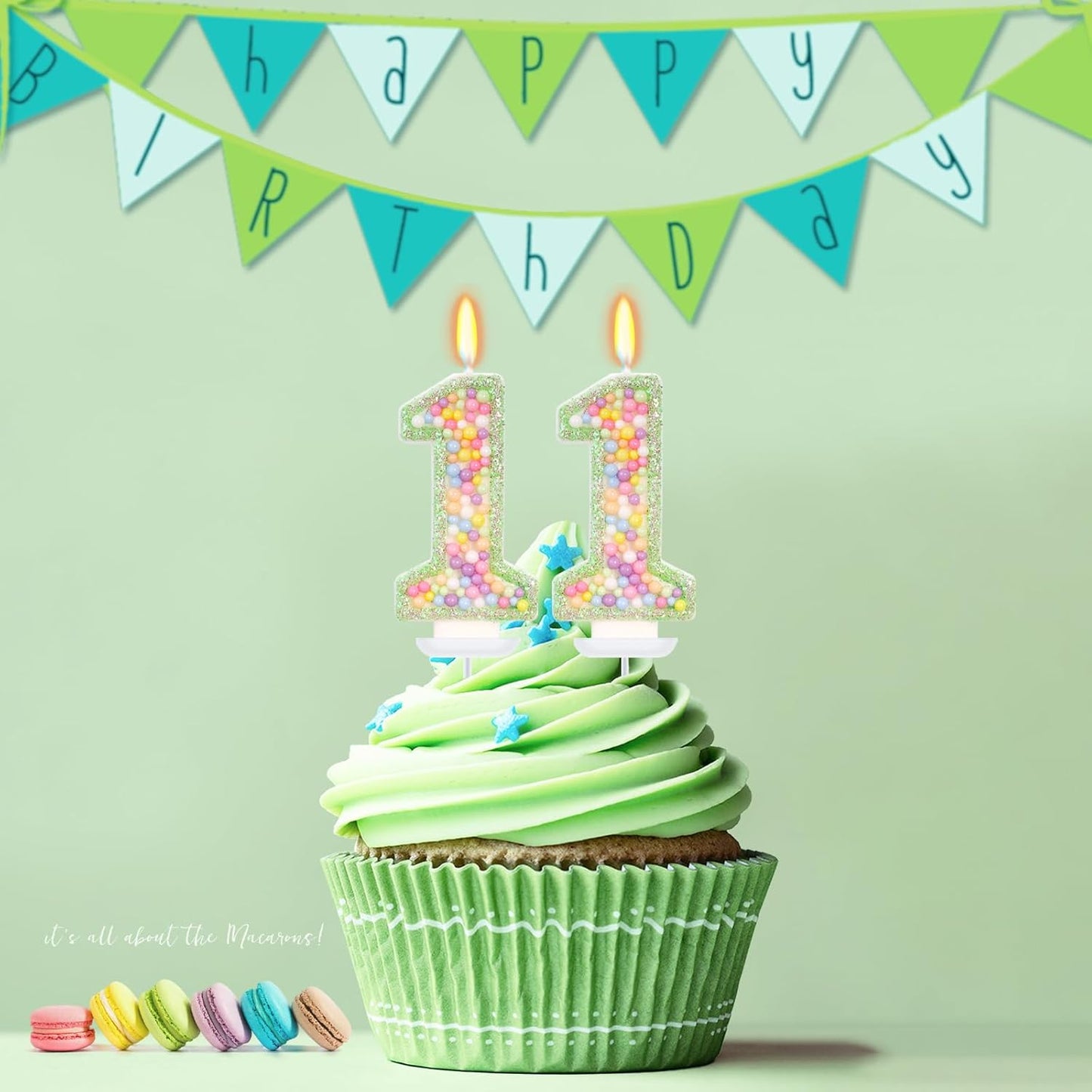 Green Birthday Candles - Number 11 Candle, Colorful Macaron Candles, 11 Birthday Decorations for Boys Girls, Green Cake Decorations, Theme Party Supplies