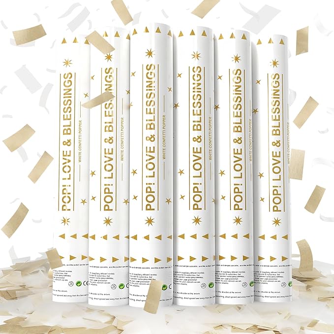 White Mix Gold Confetti Poppers 6 Pack,Biodegradable Confetti Connon,12inch Rice Paper Water Soluble Confetti Tube For Lawns Outdoor Wedding,Birthday,Celebrations