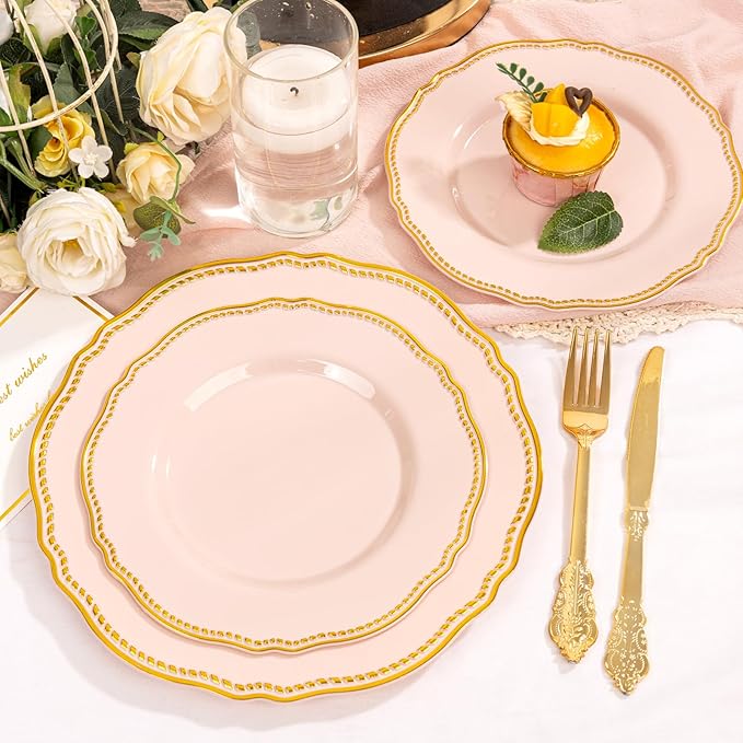 Hioasis 60pcs Pink Plastic Plates - Pink and Gold Disposable Dinnerware with Gold Rim, Heavy-duty, 7 inch, Dessert Plates for Party & Easter