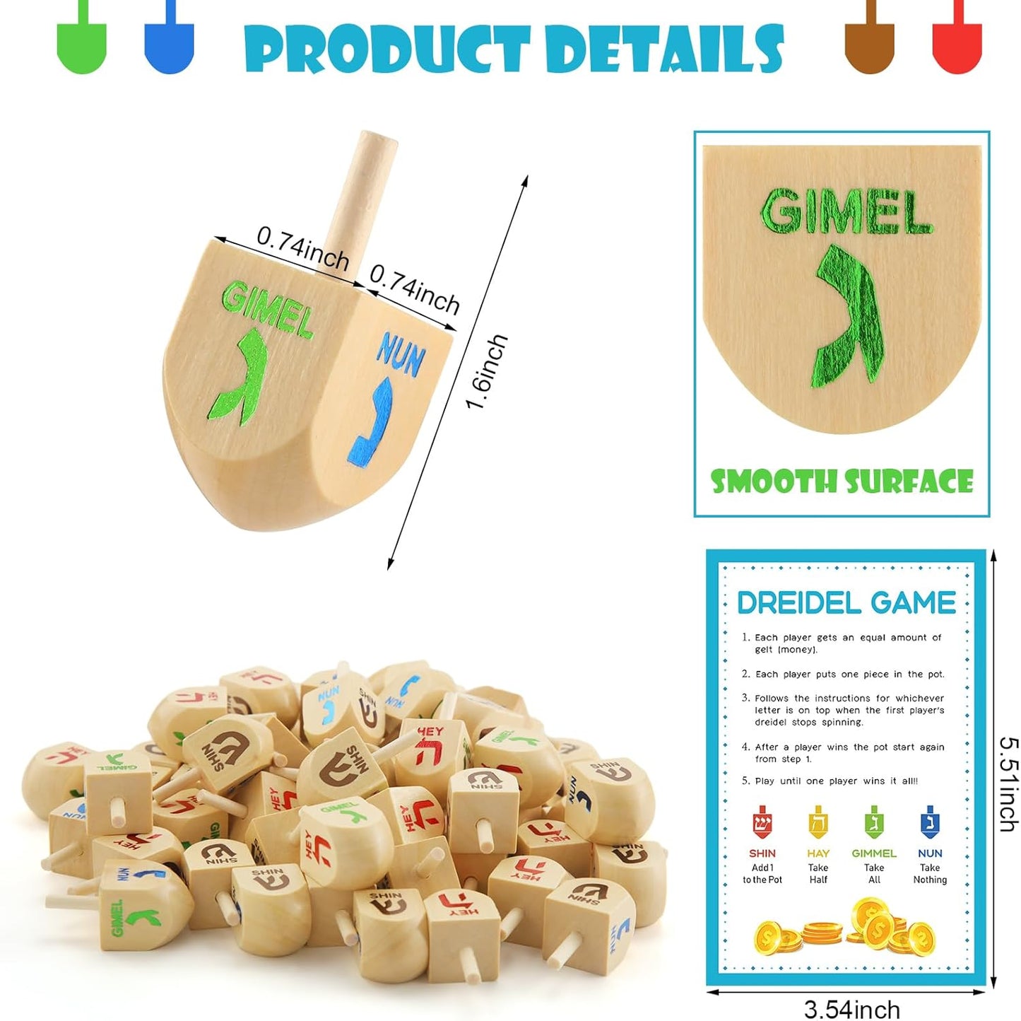 Wettarn 100 Pieces Hanukkah Dreidels Bulk Wooden Hanukkah Dreidels with Game Instruction Cards for Party Game(Size 1,Classic Style)