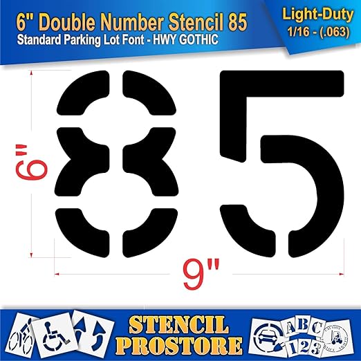 Pavement, Curb, and WheelStop Stencils - 6 inch Double Number Stencil - (85) - 6" x 9" x 1/16" (63 mil) - Light-Duty