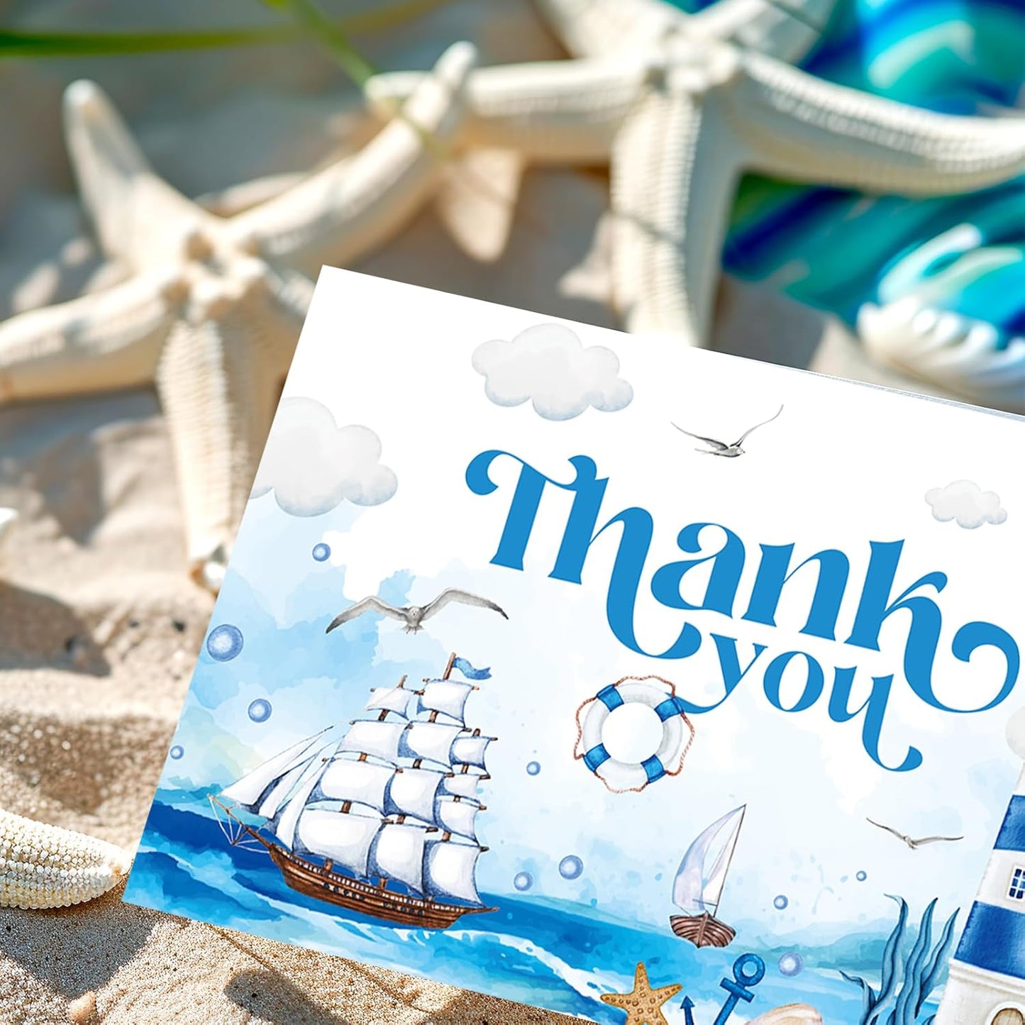 Whaline 24 Pack Nautical Thank You Cards Summer Blue Sea Lighthouse Ship Note Cards with Envelopes Stickers Marine Greeting Blank Cards for Birthday Baby Shower