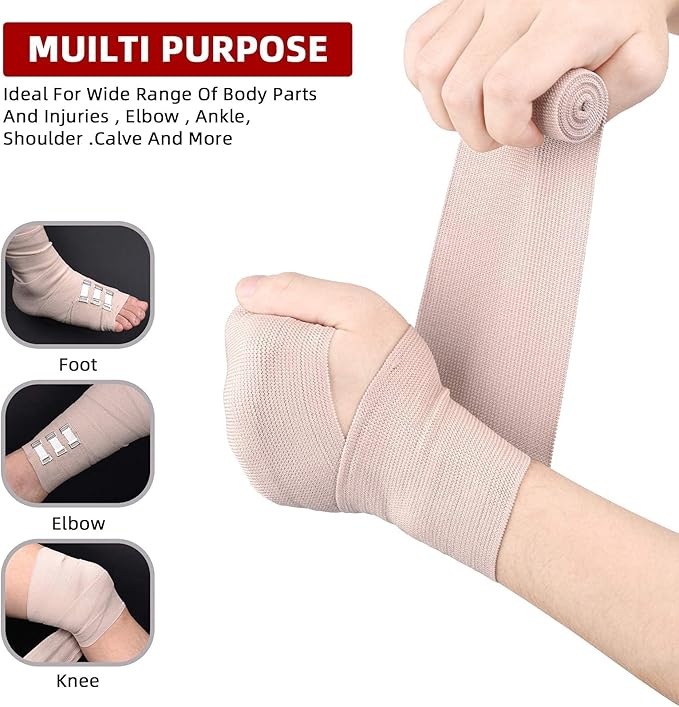 FRESINIDER Elastic Bandage Wrap 4 Pack(2 X 3 + 2 X 4 Wide Rolls) + 24 Clips | Stretch Compression Bandage Stretches up to 15ft | Ideal for Medical, Sports, Sprains, Calf, Ankle & Foot
