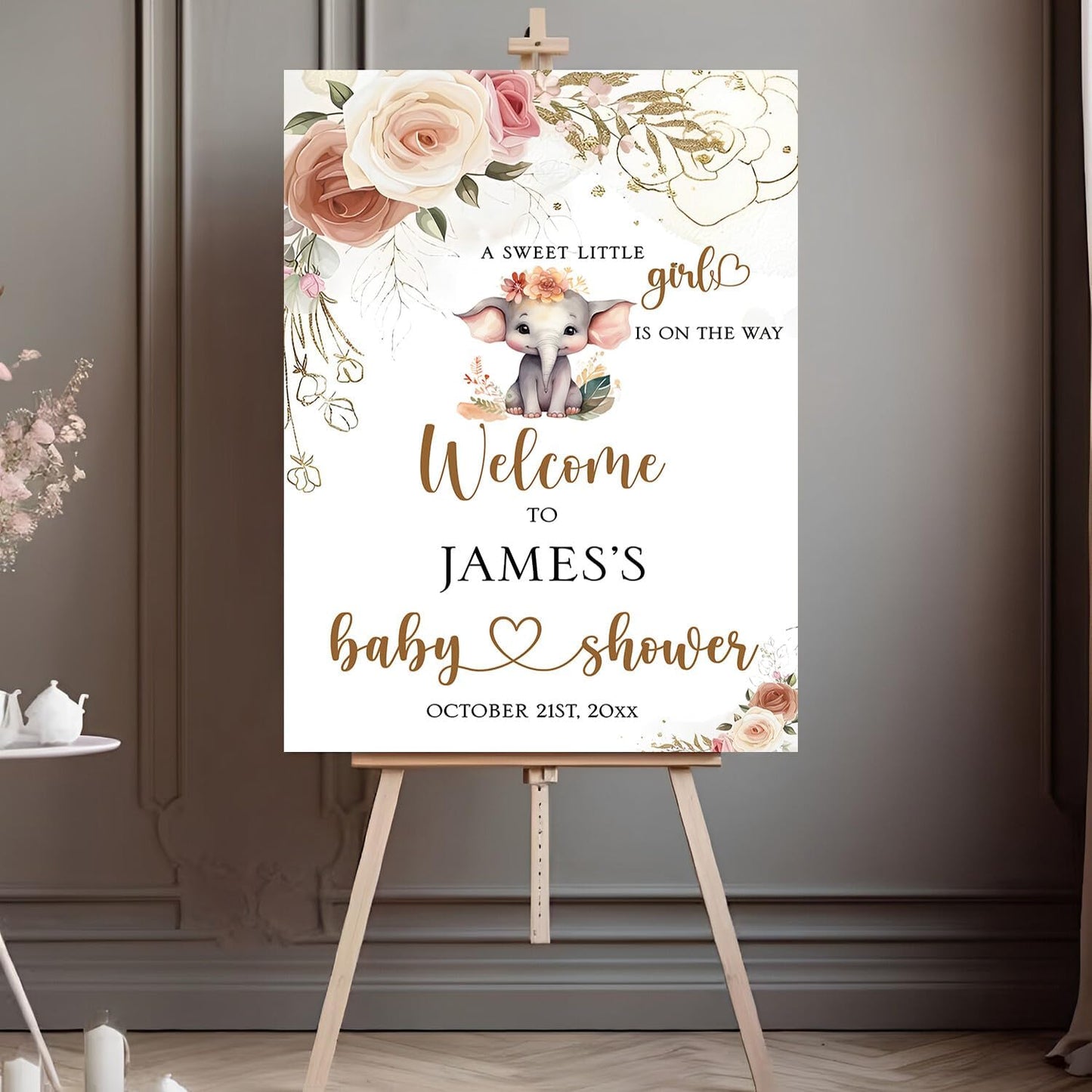 Personalized Baby Shower Sign For Girl, Floral Baby Shower Welcome Sign, Wildflower Baby Shower Sign Decorations, Flower Baby Shower Decor, Pink Elephant Baby Shower Sign