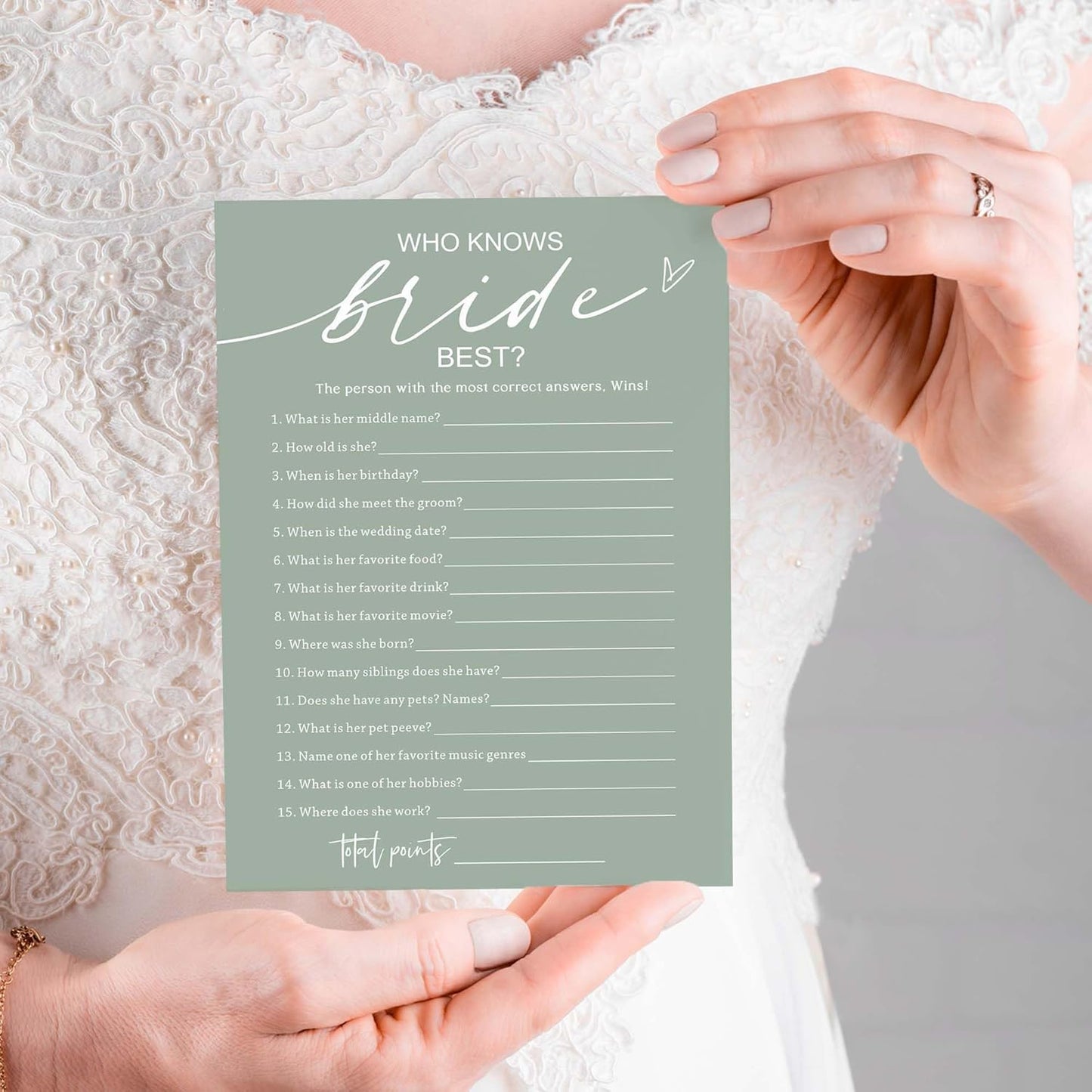Bridal Shower Games Cards, Who Knows The Bride Best, Bridal Shower Game 25 Guests, Engagement Party Wedding Games for Guests, Minimalist Green Wedding Party Supplies - C03
