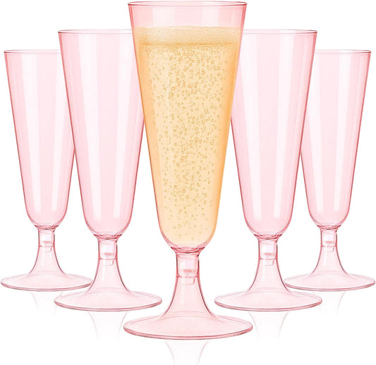 50 Pack Pink Clear Plastic Champagne Flutes, 5 Oz Disposable Champagne Glasses, Unbreakable Acrylic Mimosa Glasses Wedding Cocktail Cups for Engagement Birthday Graduation Party Decorations Supplies