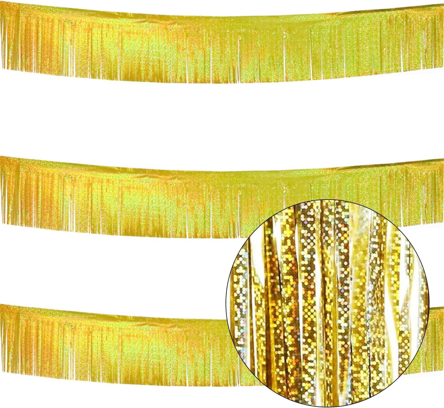 3 Pack Total 30 Feet Foil Fringe Garland Lilac Gold Metallic Wall Hanging Drapes Tassel Skirting Iridescent Gold Tinsel Streamers for Parade Float Trailer Mardi Gras Party Birthday Wedding