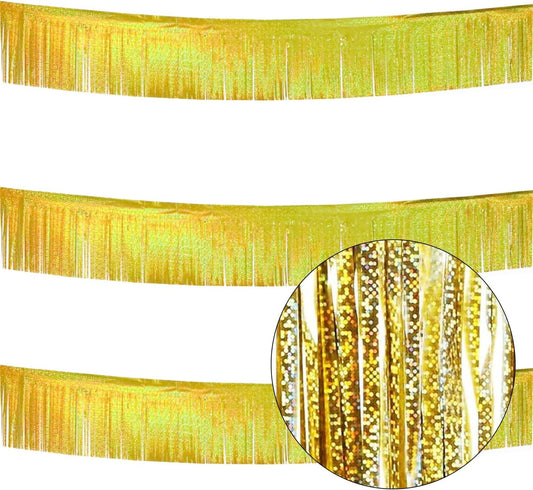 3 Pack Total 30 Feet Foil Fringe Garland Lilac Gold Metallic Wall Hanging Drapes Tassel Skirting Iridescent Gold Tinsel Streamers for Parade Float Trailer Mardi Gras Party Birthday Wedding
