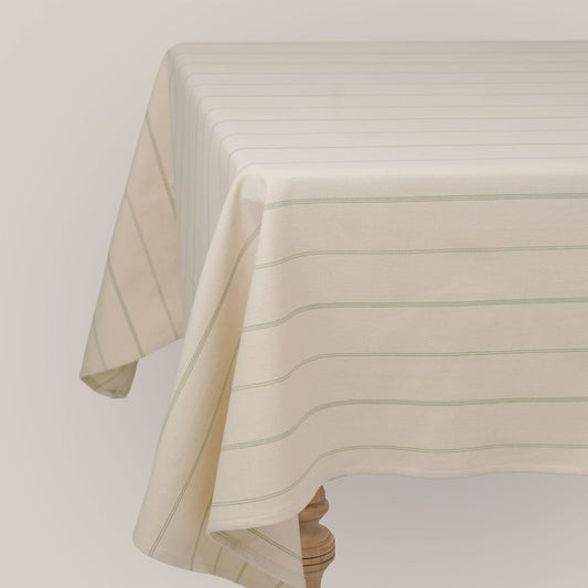 60x90 in Cotton Tablecloth – Large Rectangular Dining Table Cover for Kitchen, Weddings, Parties, Indoor or Outdoor Picnic and Everyday Décor – Green Stripe/Natural