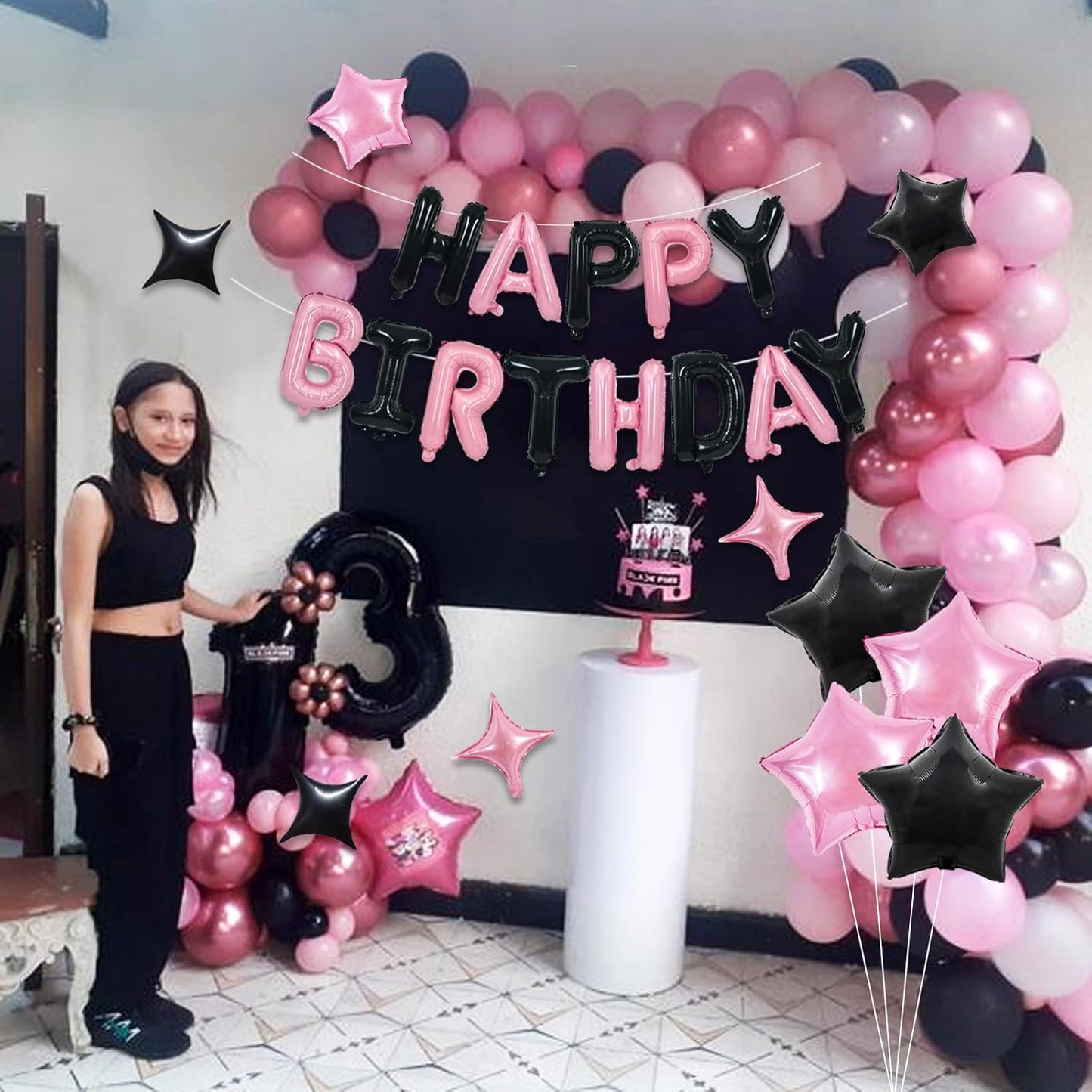 TONIFUL 35PCS Black Pink Happy Birthday Decorations Kit 16 Inch Happy Birthday Balloon Banner with Star Balloons Mylar Foil Birthday Party Decorations Supplies for Men Women Adults Girls Boys Kids