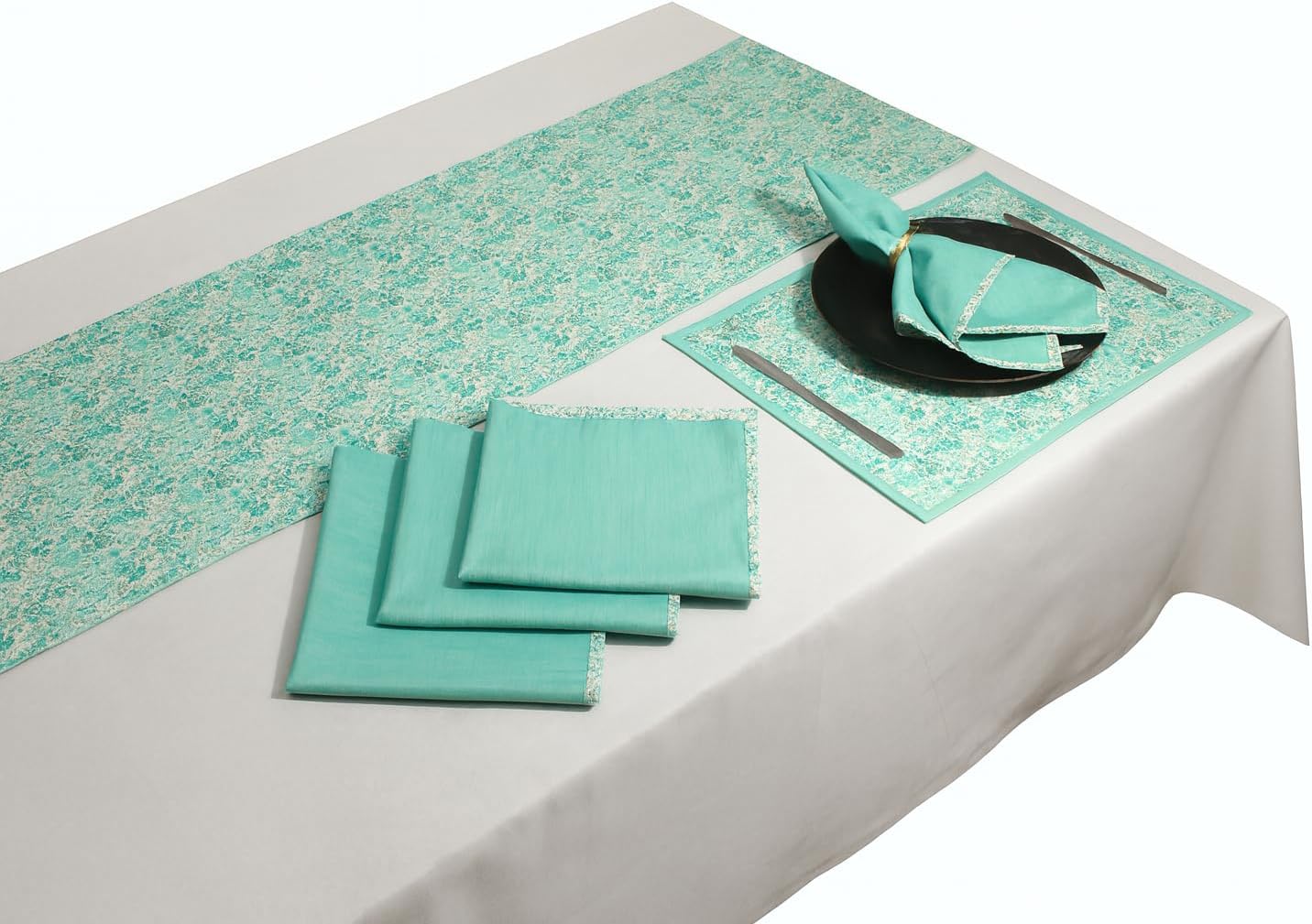 Indtresor Indian Heritage Fabric Cotton Table Linen Reversible Set Runner Napkins Mats in Green