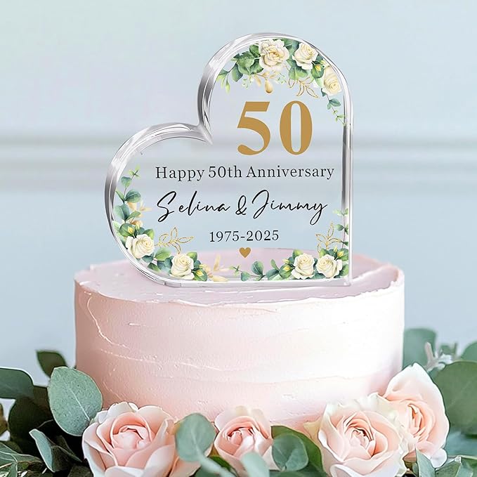 Personalized Wedding Anniversary Cake Topper, Acrylic Heart Wedding Cake Topper Decorations Gifts for Couple, Happy Anniversary Cake Toppers for 50th 25th 60th 40th
