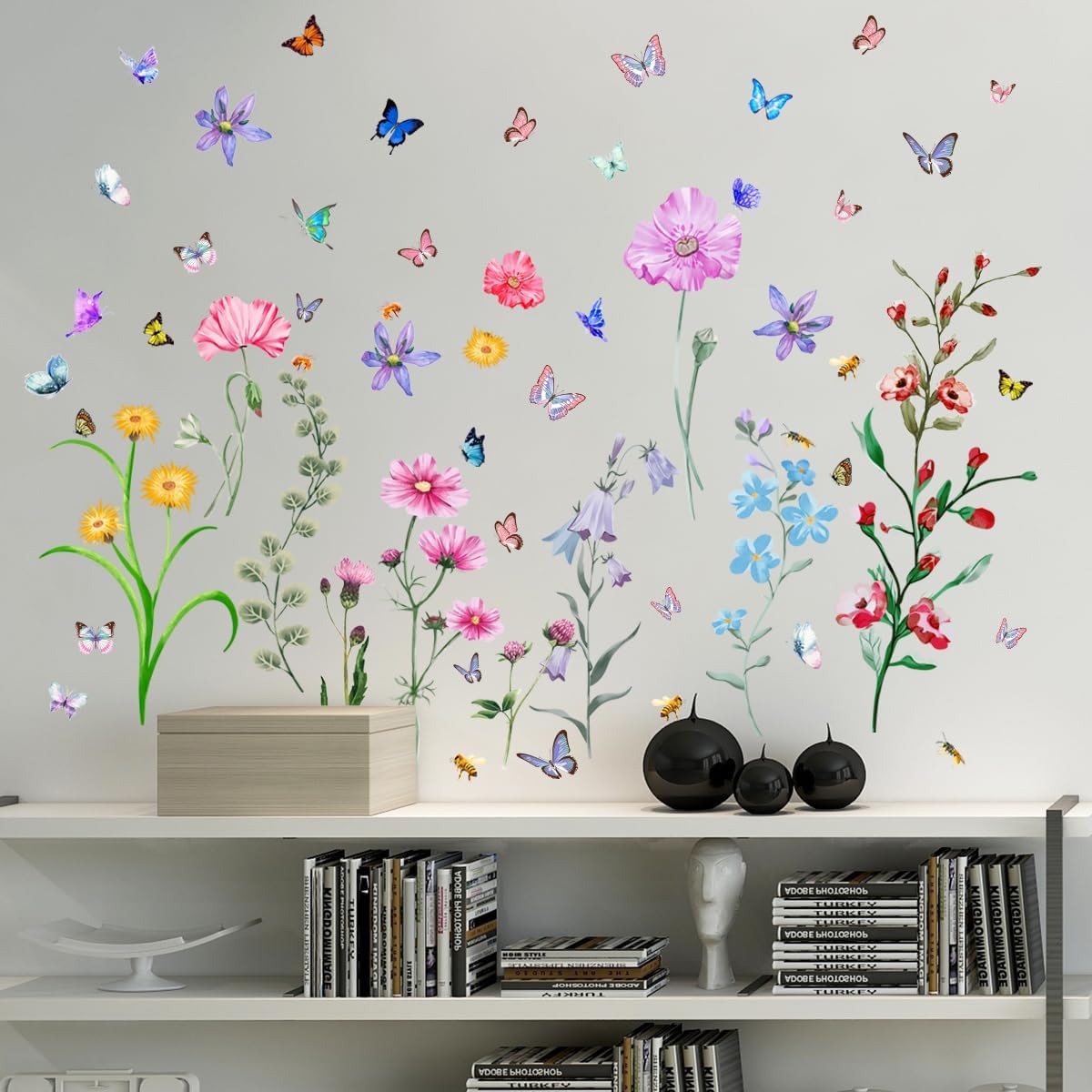 6 Pieces Flowers Wall Decals Vinyl Floral Wall Stickers Removable Floral Murals Peel and Stick Colorful Flower Decor for Girls Bedroom Living Room Nursery (Colorful)
