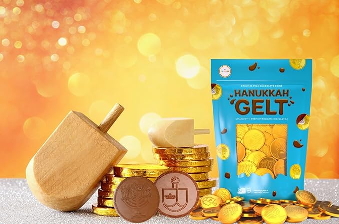 The Dreidel Company 25-Pack Premium Belgian Chocolate Gelt Milk Chocolate Coins, Gold Hanukkah Gelt, With Menorah And Dreidel Design (25 Coins)