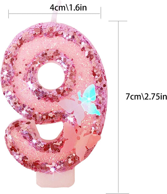 Birthday Candles Number 9,Pink Glitter Happy Birthday Cake Candles Handmade Sequin Numeral Candle