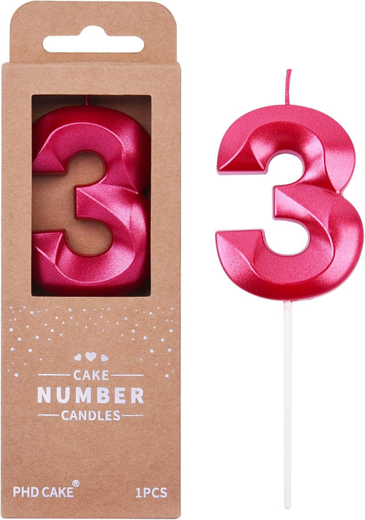 PHD CAKE 2.76 Inch Diamond Red 3 Number Birthday Candles, Red Number Candles, Cake Number Candles, Party Celebration