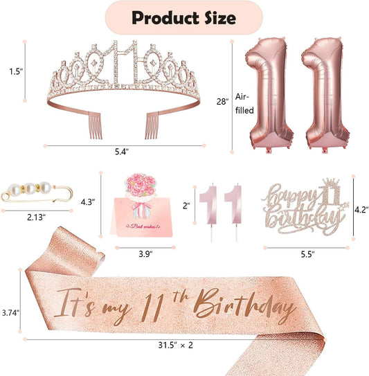 11th Birthday Decorations for Girls, 11th Birthday Sash and Crown, Cake Topper, Number Candles and Balloons, 11 Year Old Gifts for Girls