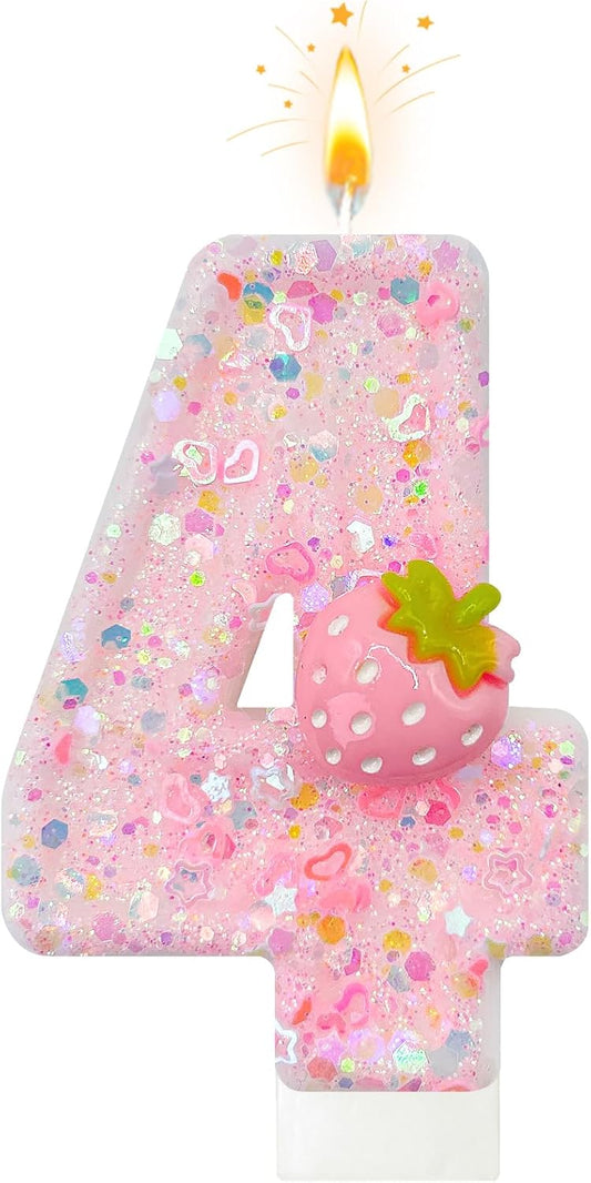 HXOUSE Strawberry Number 4 Birthday Candles - Pink Berry Birthday Candles for Cake, 4 Candle Topper for Anniversary Celebrations Supplies, Strawberry Party Decorations for Girl (No.4)