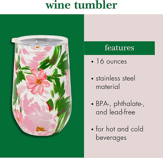 kate spade new york Insulated Stainless Steel Wine Tumbler, 16 Ounce Double Wall Tumbler, Floral Stemless Travel Cup with Lid (Hidden Garden)