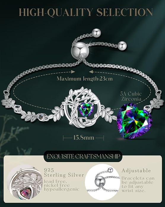FANCIME Valentines Day Gift Tree of life Birthstone Bracelet for Women Sterling Silver Tree Jewelry Birthstone Charm Bracelet Gemstone Anniversary Birthday Gifts for Wife Mom Her