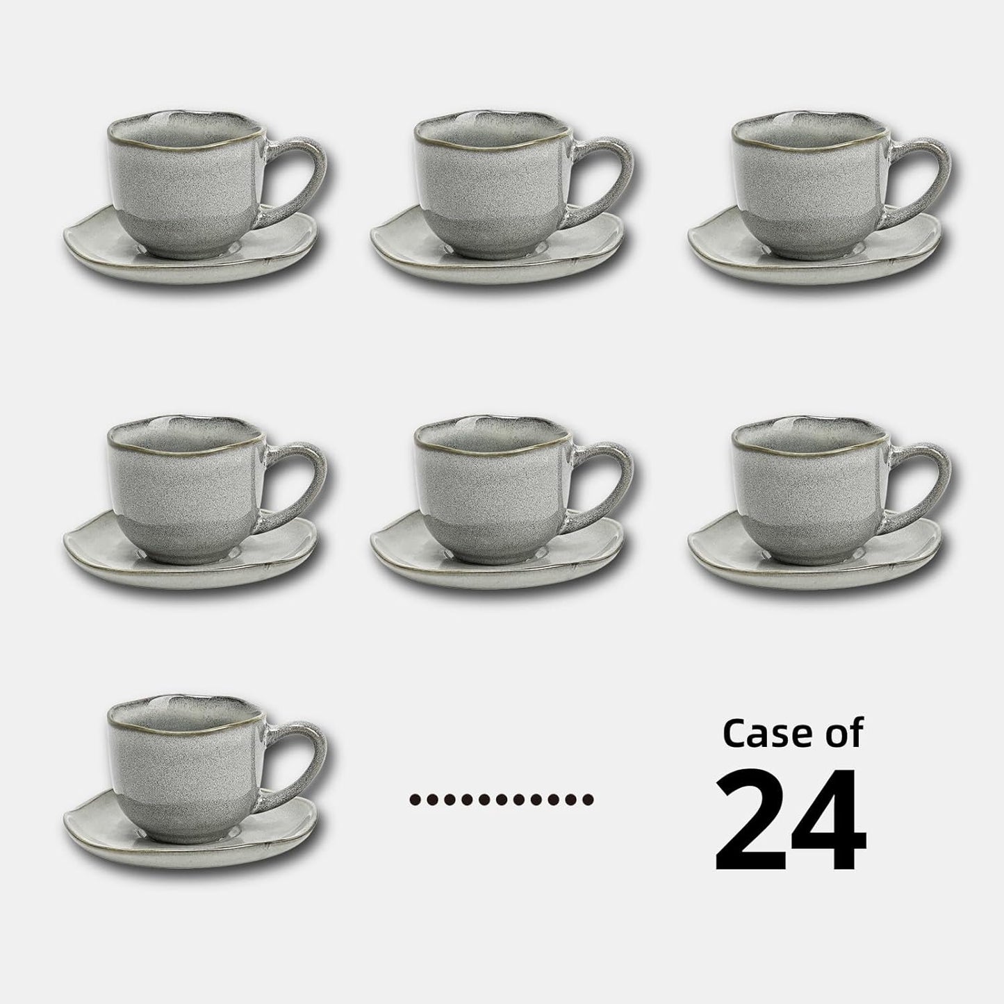 Organic Shape Restaurant 8oz Coffee Cup and Saucer, Commerical Grade Catering Stoneware Cups and Saucers in Ir-regular Organic Shape, Chip & Scratch Resistant, Glossy Reactive Glaze Grey, Case of 24