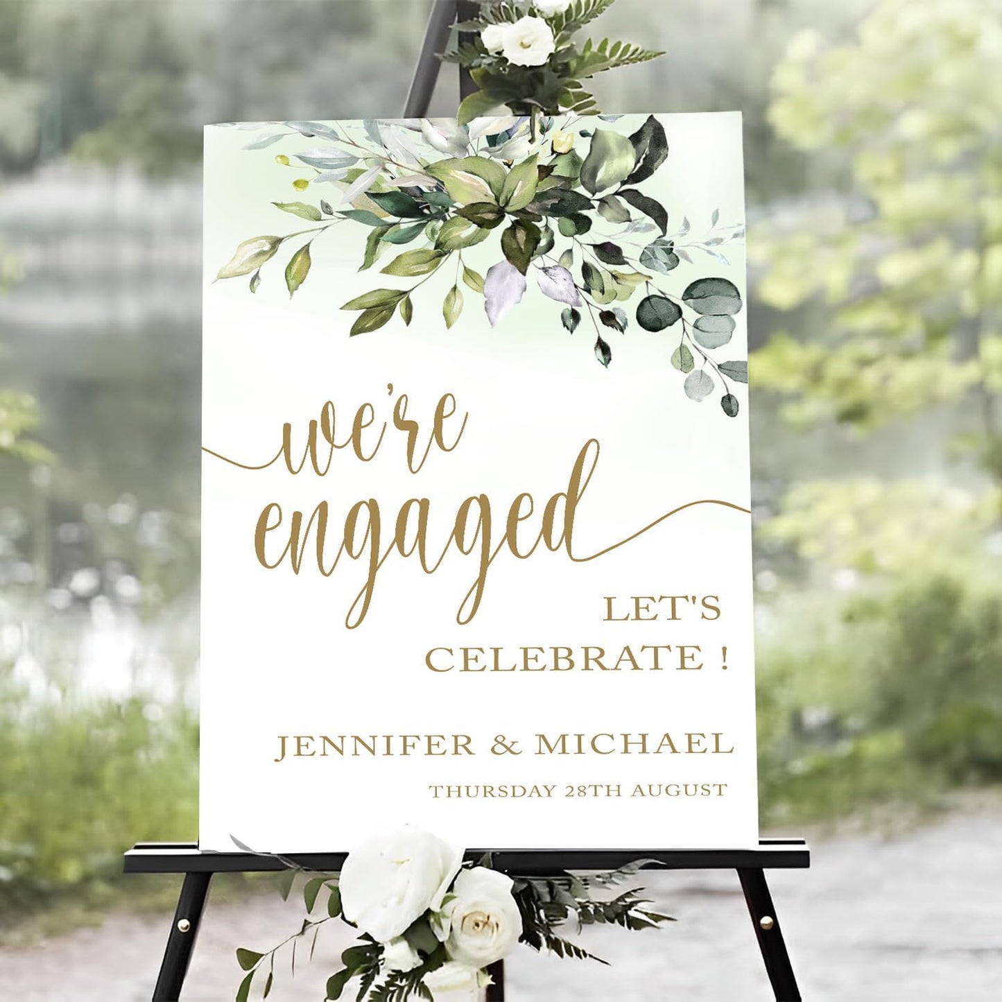 Greenery Gold Engagement Party Sign - Welcome Template, Rustic Decor