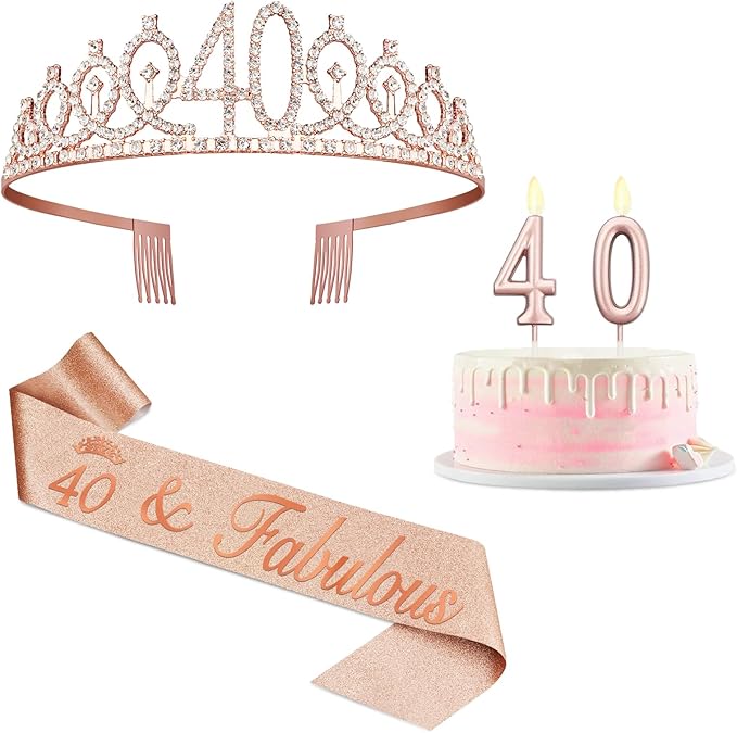 40th Birthday Decoration for Women with Rose Gold Sash, Tiara,Numbers Candles, Sincere 40th Birthday Gifts for Women